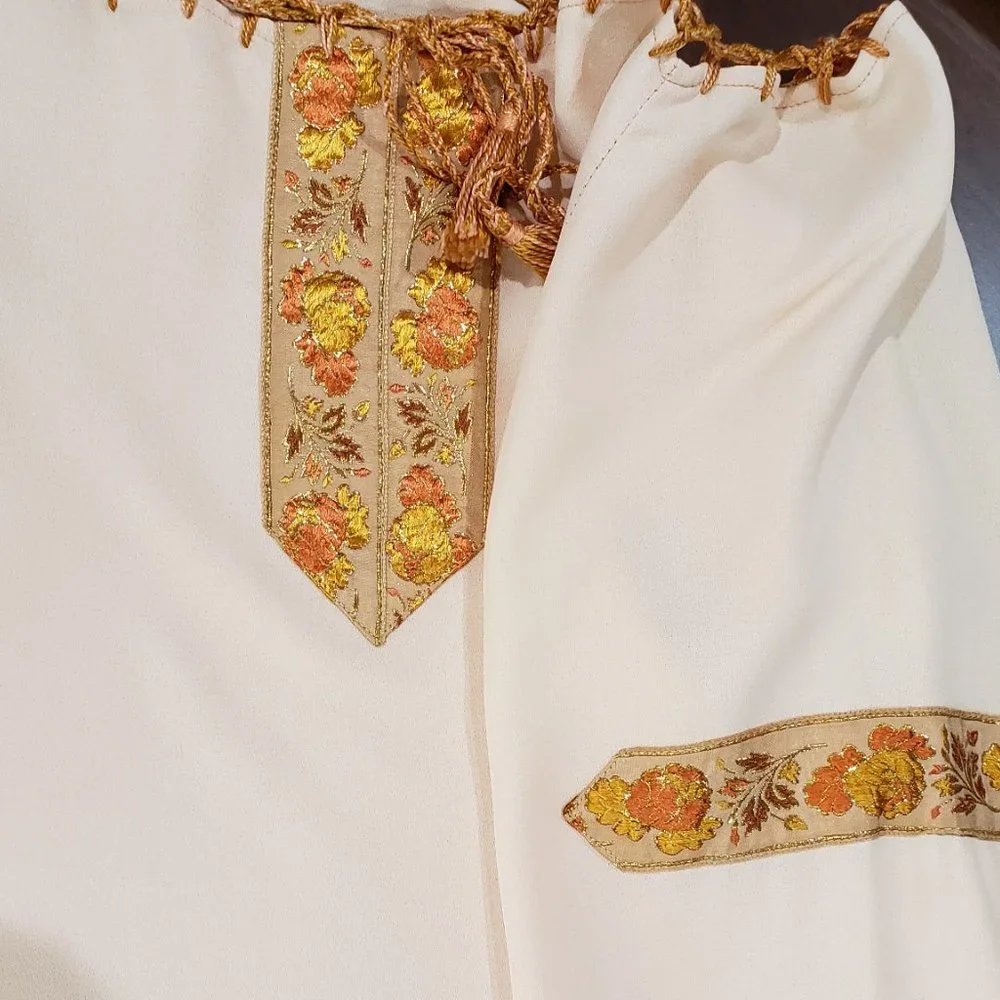 Vintage 1970s Peasant Shirt Gold Trim, Tassel Drawstrings, Small - Picture 5 of 8